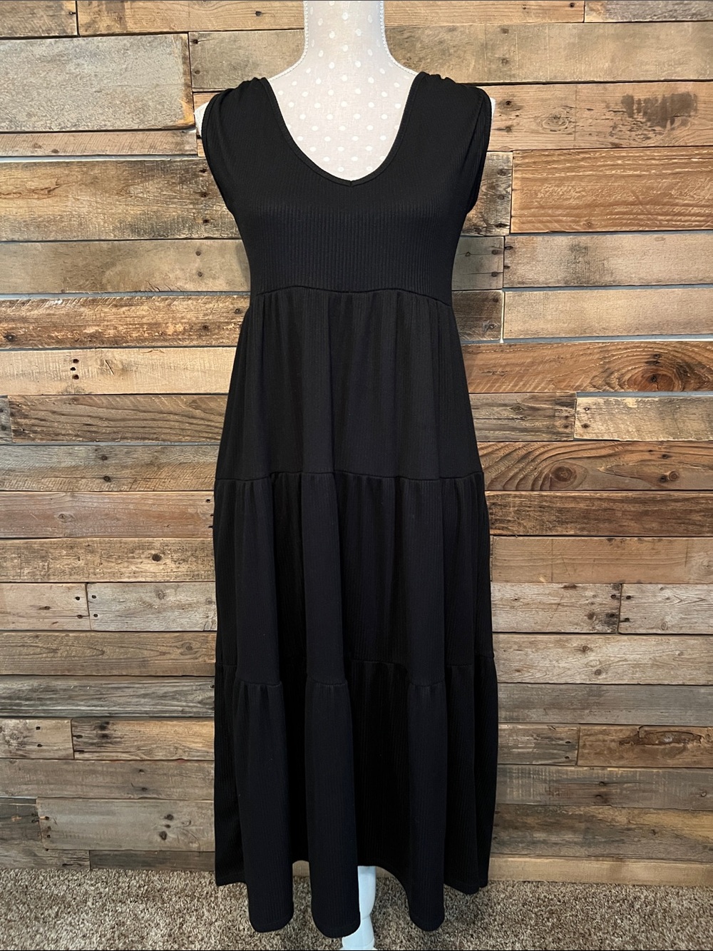 See You Monday Black Ribbed Knit Tierd Skirt Maxi Summer Dress
